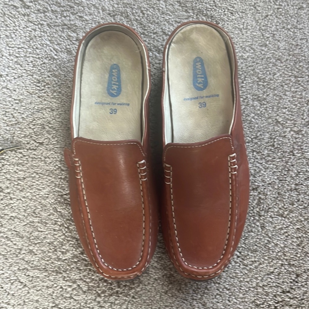 Wolky Chestnut Brown Leather Slip-On Clogs